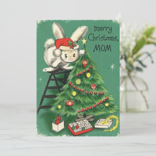 Merry Christmas Mom Bunny Decorating Tree Feestdagenkaart (Staand voorkant)