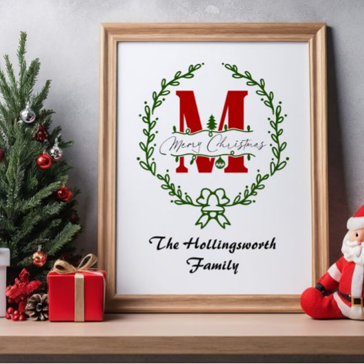 Merry Christmas Monogram Krans Personaliseren Poster