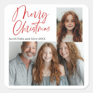 Merry Christmas Multi twee foto's Design Rood Vierkante Sticker