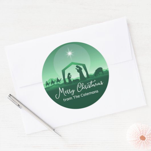 Merry Christmas Nativity Scene Green Religious Ronde Sticker (Envelop)