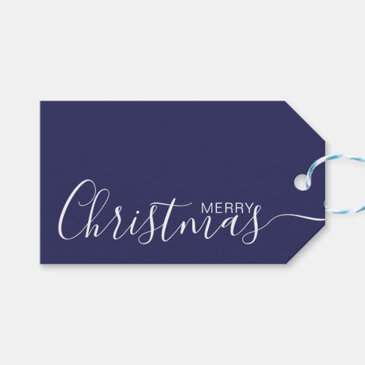 Merry Christmas Navy Blauw Wit Minimalist Cadeaulabel (Voorkant (Horizontaal))
