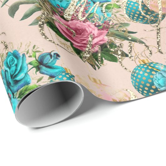 Merry Christmas Oude Script Rozen Roos Roze Groen Cadeaupapier (Rol Hoek)