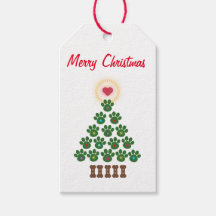 Merry Christmas Paw Print Tree Gift Label