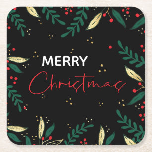 Merry Christmas Photo Black Gold Greenery Vierkante Kartonnen Onderzetter