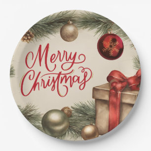 Merry Christmas Pine Branch met Ornamenten Papieren Bordje