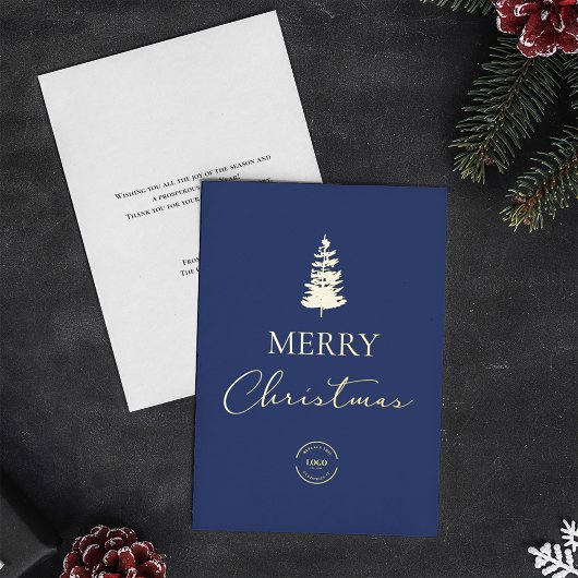 Merry Christmas Pine Company Logo Blue Gold Folie Feestdagenkaart