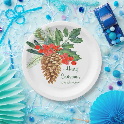 Merry Christmas Pine Holly Waterverf Bloemennaam Papieren Bordje (Feest)