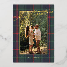 Merry Christmas Plaid Foil Family Photo Holiday
