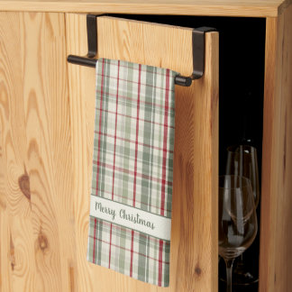 Merry Christmas Plaid - rustic green red ivory Theedoek