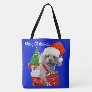 Merry Christmas Poodle Blauw Dames Schouder Draagtas