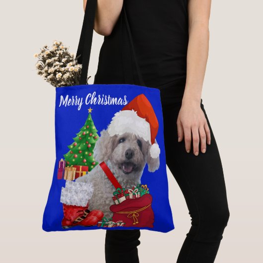Merry Christmas Poodle Blauw Dames Schouder Draagtas (Dichtbij)