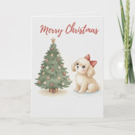 Merry Christmas Puppy Card Fluffy Dog with Tree Kaart
