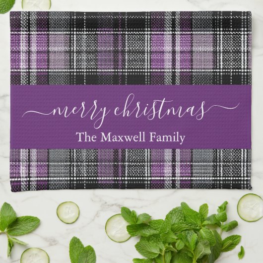 Merry Christmas purple tartan plaid script name Theedoek (Gevouwen)