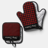 Merry Christmas Red & Black Buffalo Plaid Ovenwant & Pannenlap Set (Voorkant / Achterkant)