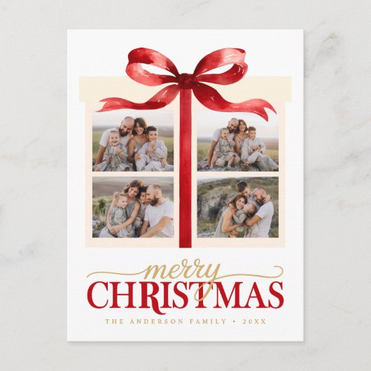 Merry Christmas Red Bow Feestdagenkaart (Voorkant)
