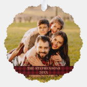 Merry Christmas Red Gingham Script Foto Ornament Kaart (Achterkant)