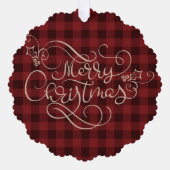 Merry Christmas Red Gingham Script Foto Ornament Kaart (Voorkant)