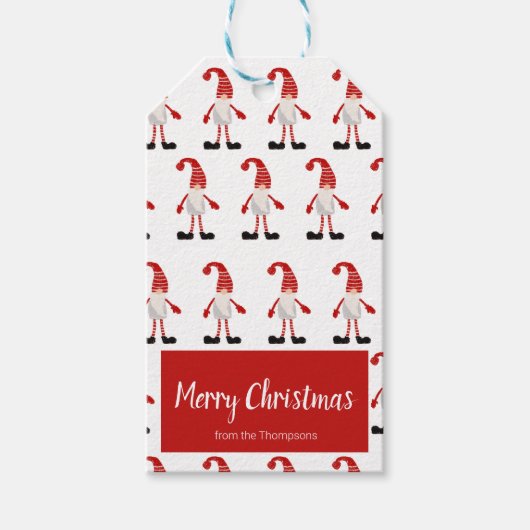 Merry Christmas Red Grey Gnome Nordic Pattern Cadeaulabel (Voorkant)