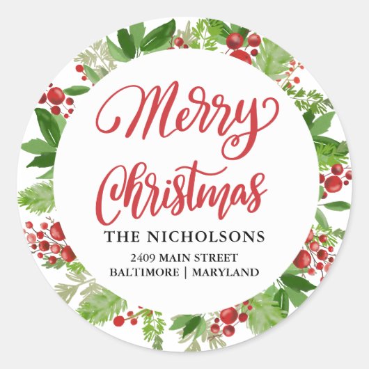 Merry Christmas Red Holiday Wreath Script Ronde Sticker (Voorkant)