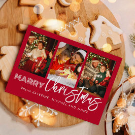 Merry Christmas Red Photo Collage Family Card Feestdagenkaart