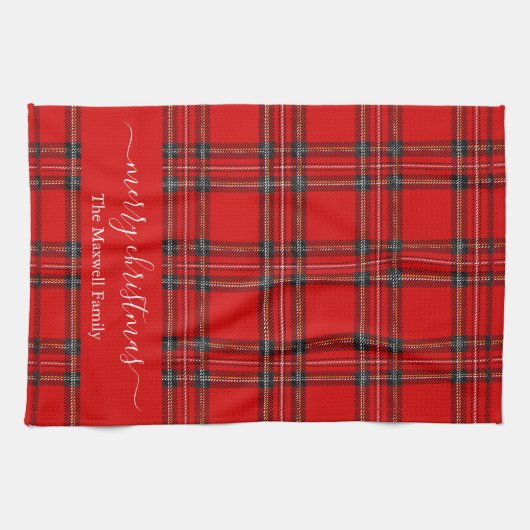 Merry Christmas red tartan plaid script name Theedoek (Horizontaal)