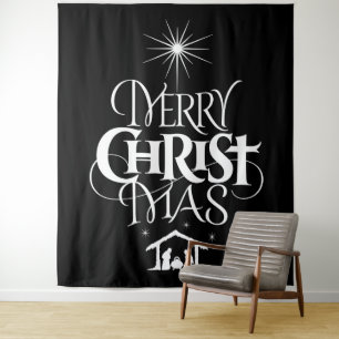 Merry CHRISTmas Religious Decotation Black White Wandkleed