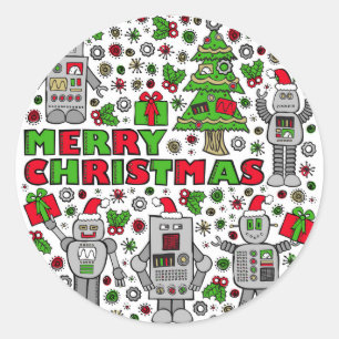 Merry Christmas Robots Ronde Sticker