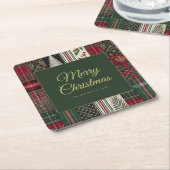 Merry Christmas Rustic Plaid Pattern Vierkante Kartonnen Onderzetter (Schuin)