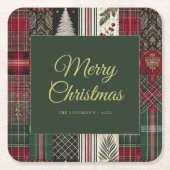 Merry Christmas Rustic Plaid Pattern Vierkante Kartonnen Onderzetter (Voorkant)
