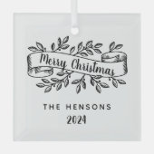 Merry Christmas Rustic Ribbon familienaam Glas Ornament (Voorkant)