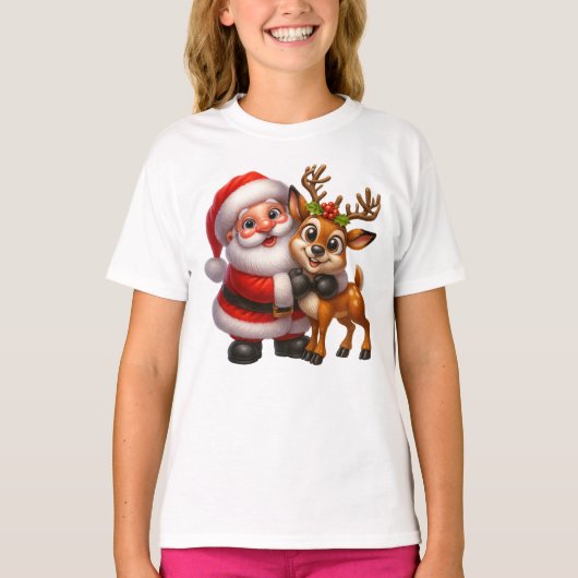 Merry Christmas Santa and Deer T-shirt (Devant)