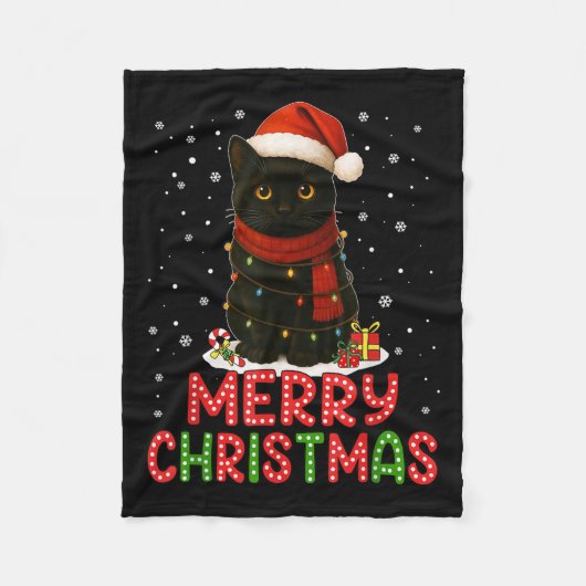 Merry Christmas Santa Hat Funny Black Cat Men Wome Fleece Deken (Voorkant)
