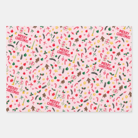 Merry Christmas Schattige Doodle Whimsical Pattern Inpakpapier Vel (Voorkant)