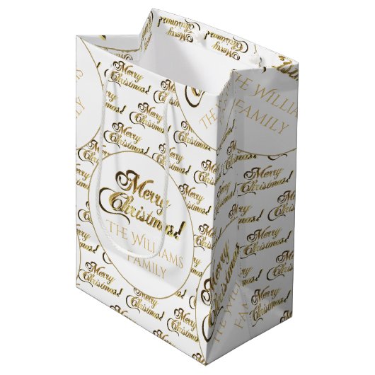 Merry Christmas Script Elegant White Gold Naam toe Medium Cadeauzakje (Voorkant Gekanteld)