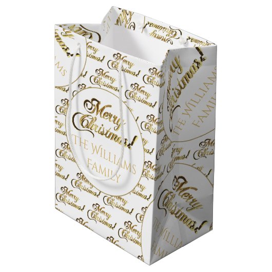 Merry Christmas Script Elegant White Gold Naam toe Medium Cadeauzakje (Achterkant Gekanteld)
