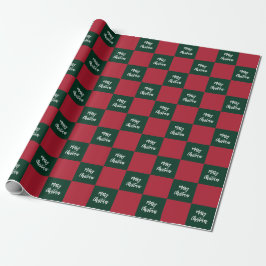 Merry Christmas Script Green and Red Checkerboard Cadeaupapier