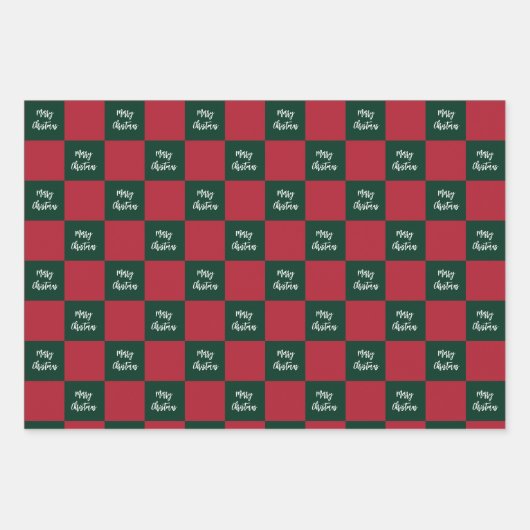 Merry Christmas Script Green and Red Checkerboard Inpakpapier Vel (Voorkant 2)