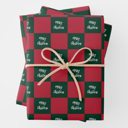 Merry Christmas Script Green and Red Checkerboard Inpakpapier Vel (In situ)