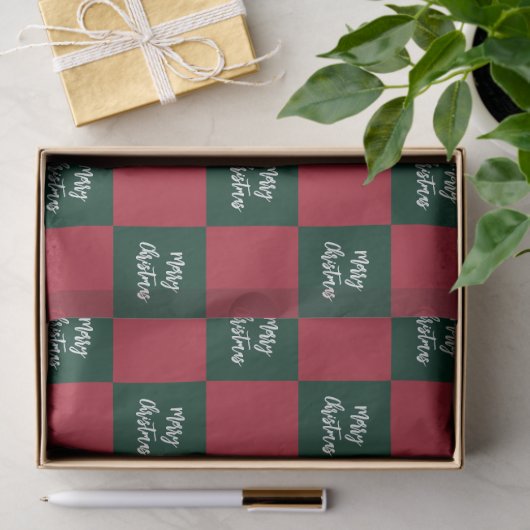 Merry Christmas Script Green and Red Checkerboard Tissuepapier (Geschenk)