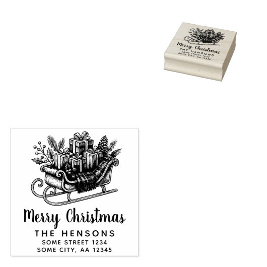 Merry Christmas Script Santa Sleigh Family Address Rubberstempel (Gestempeld)
