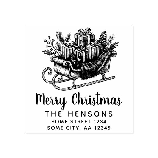 Merry Christmas Script Santa Sleigh Family Address Rubberstempel (Afrduk)