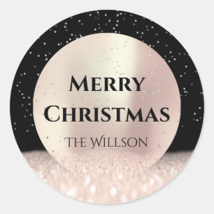 Merry Christmas Snow Roos Glitter Zwart Confetti Ronde Sticker