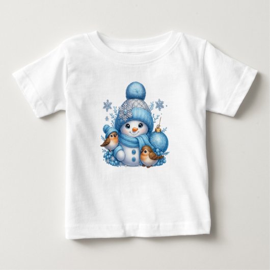 Merry Christmas Snowman With Birds Holiday Tee (Voorkant)