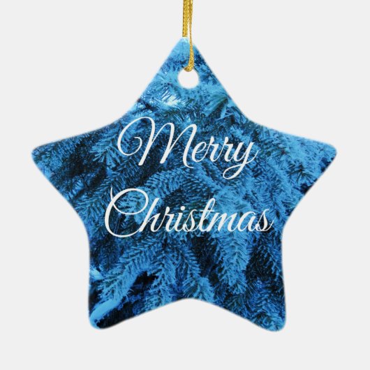 Merry Christmas Snowy Forest Spruce Star Keramisch Ornament (Achterkant)