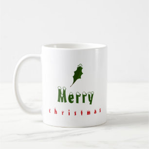 "Merry Christmas" Snowy Holly Leaf Red & Green Koffiemok