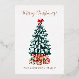 Merry Christmas Snowy Tree Rose Gold Folie Feestdagenkaart