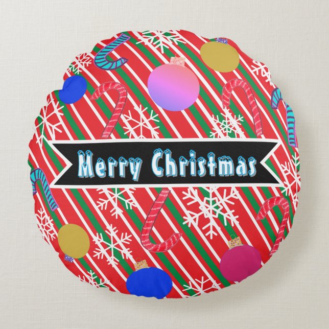 Merry Christmas Stripes Candy Canes Ornaments  Rond Kussen (Voorkant)