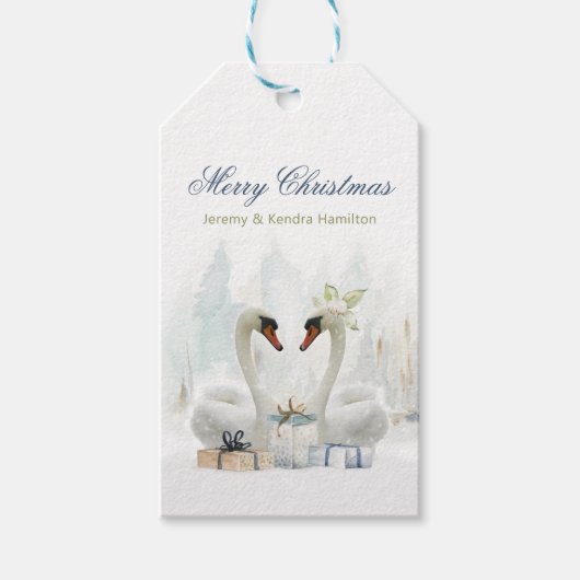 Merry Christmas Swans Elegant Cadeaulabel (Voorkant)