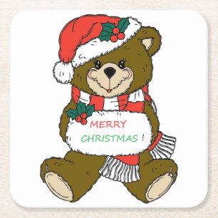 "MERRY CHRISTMAS" TEDDY BEAR VIERKANTE KARTONNEN ONDERZETTER