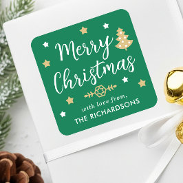 Merry Christmas Tree Custom Family Name Green Vierkante Sticker